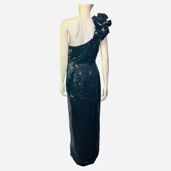 Vintage 80s black evening dress with silver beaded floral appliqué and Ruffles - Picture 9 of 12
